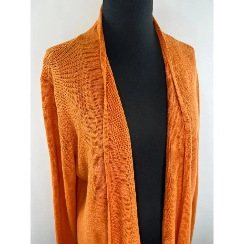 Eileen Fisher Orange Linen Knit Open Front Long Sleeve Cardigan Sweater Large L